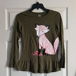 wonder nation Olive Green Long Sleeve Tee with Pink Fox Graphic